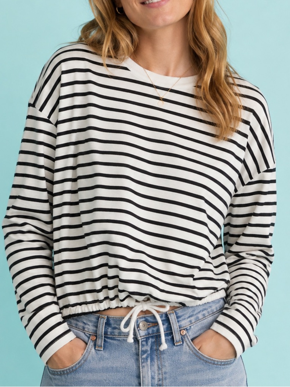 Madewell Striped Tie Waist Long Sleeve Boxy Tee Black White M